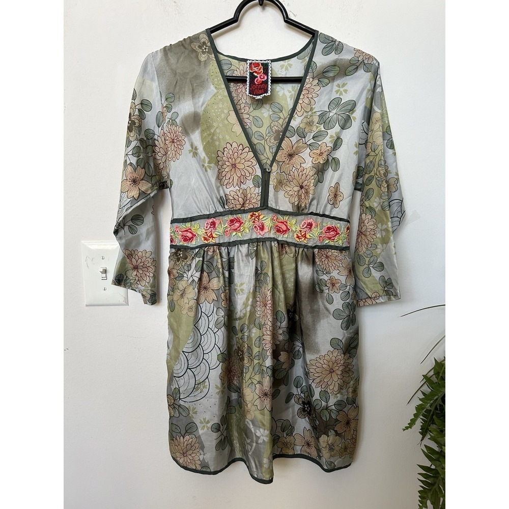 Johnny Was Women's 100% Silk Floral Embroidery Babydoll Boho Y2K Top Sz XS